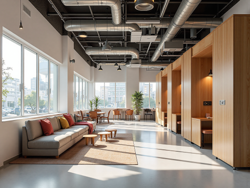 大学社空间内部环境，现代简约装修风格，年轻人在舒适的公共区域交流学习